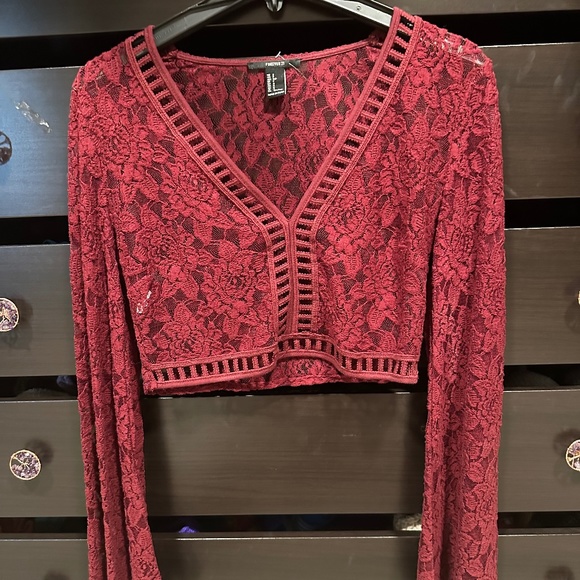 Burgundy Lace Crop Top with Bell Sleeves - Picture 1 of 5
